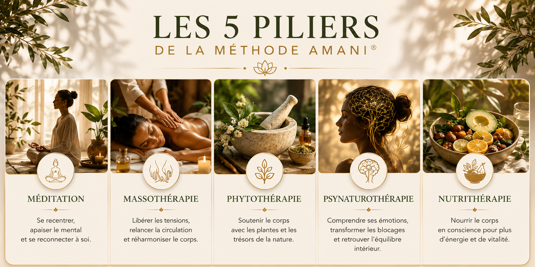 Les 5 piliers de la méthode AMANI : Méditation, Massothérapie, Phytothérapie, Psynaturothérapie et Nutrithérapie